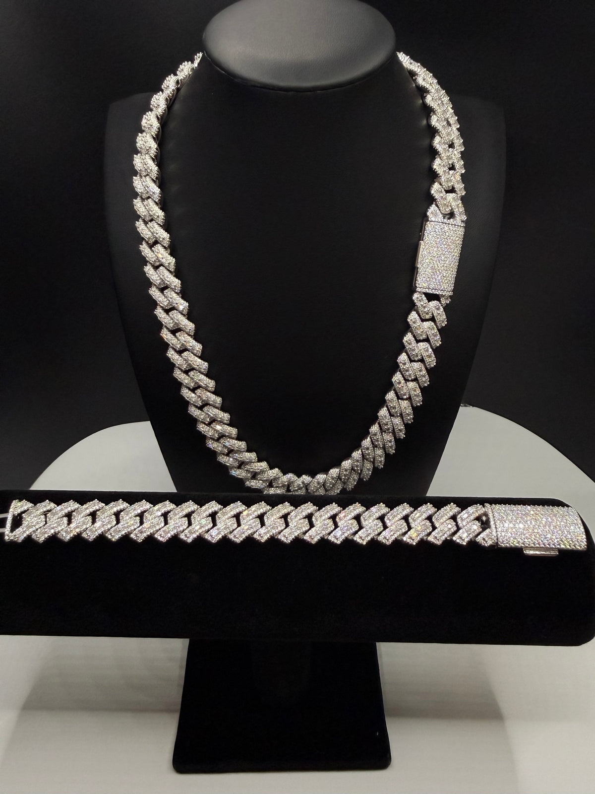 16MM Center Baguette Moissanite Cuban Link Chain & Bracelet Set – 925 Sterling Silver