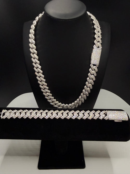 16MM Center Baguette Moissanite Cuban Link Chain & Bracelet Set – 925 Sterling Silver