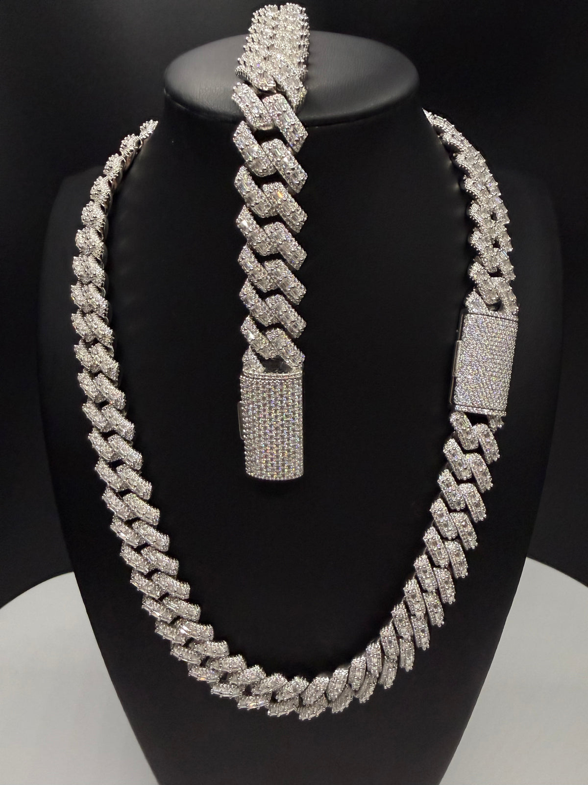 16MM Center Baguette Moissanite Cuban Link Chain & Bracelet Set – 925 Sterling Silver