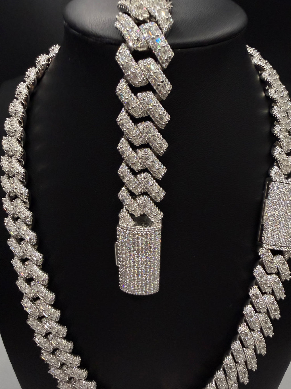 16MM Center Baguette Moissanite Cuban Link Chain & Bracelet Set – 925 Sterling Silver