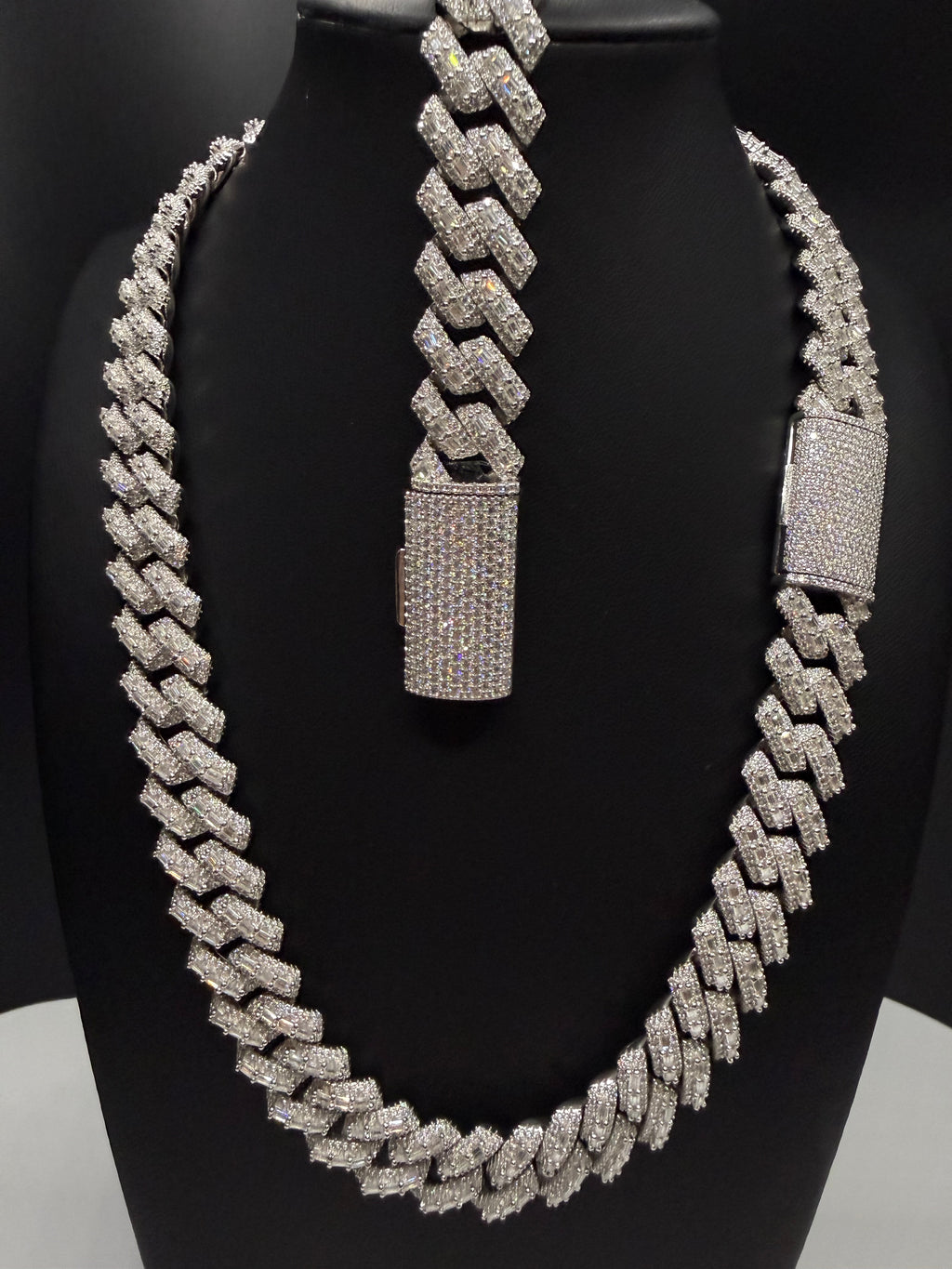 16MM Center Baguette Moissanite Cuban Link Chain & Bracelet Set – 925 Sterling Silver