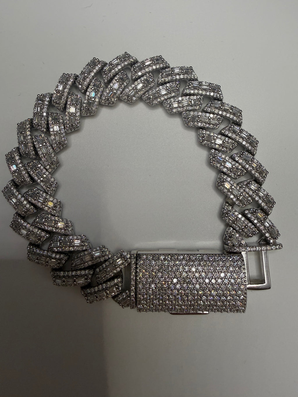 16MM Center Baguette Moissanite Cuban Link Bracelet – 925 Sterling Silver