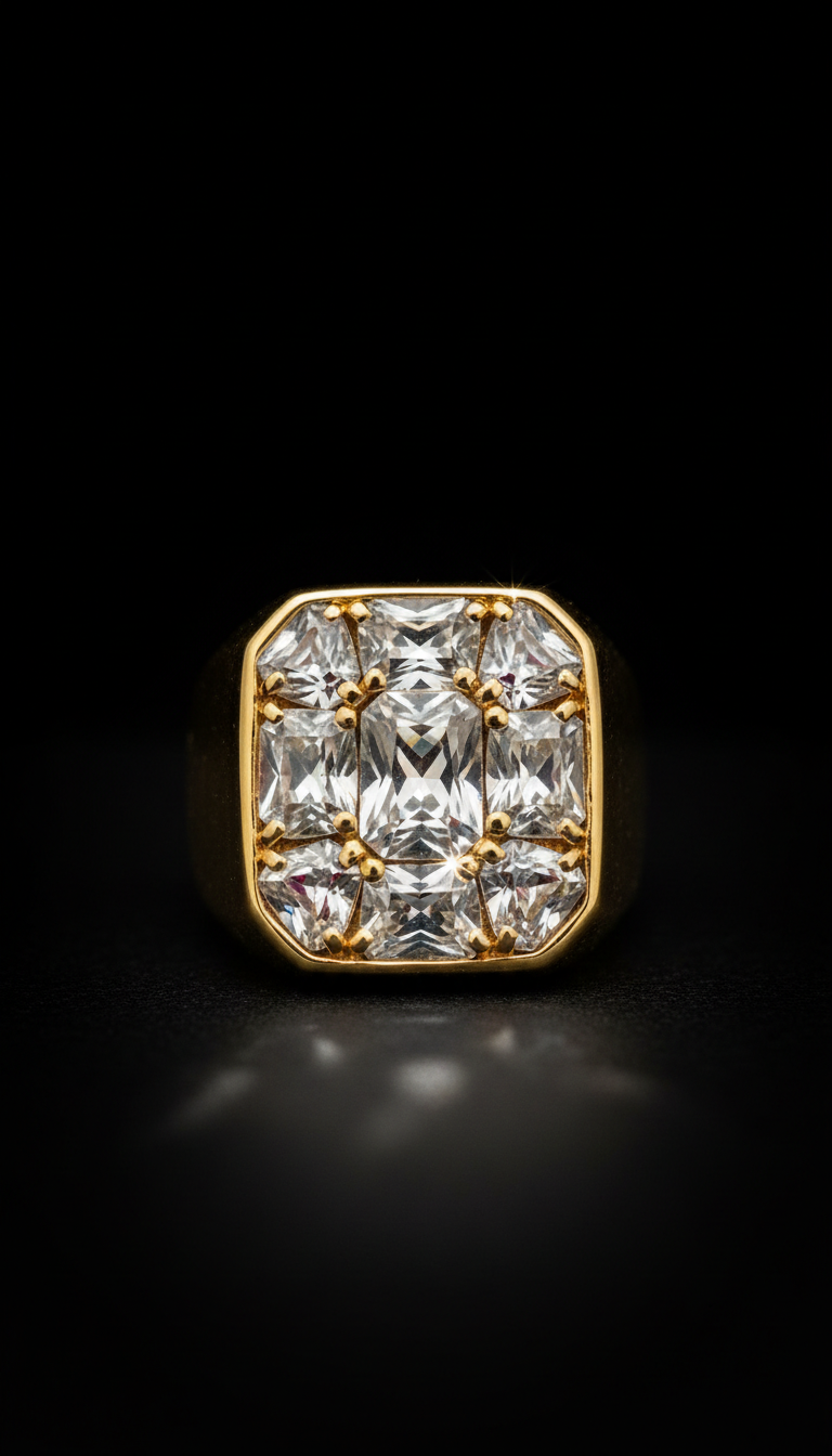 Chunky Gold Signet Ring With Crystal Inlay