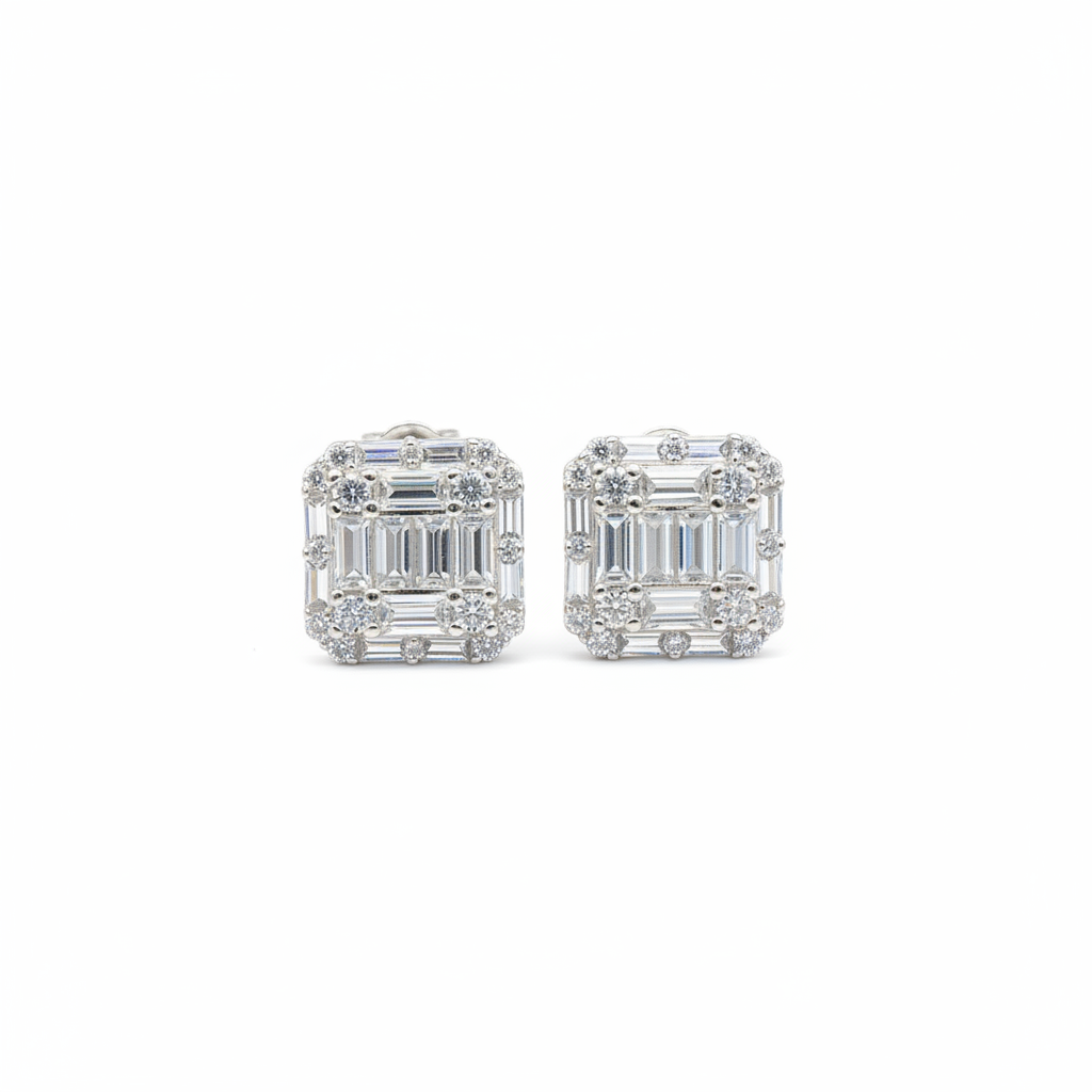 Baguette Cluster Moissanite Screw Back Stud Earrings – 925 Sterling Silver