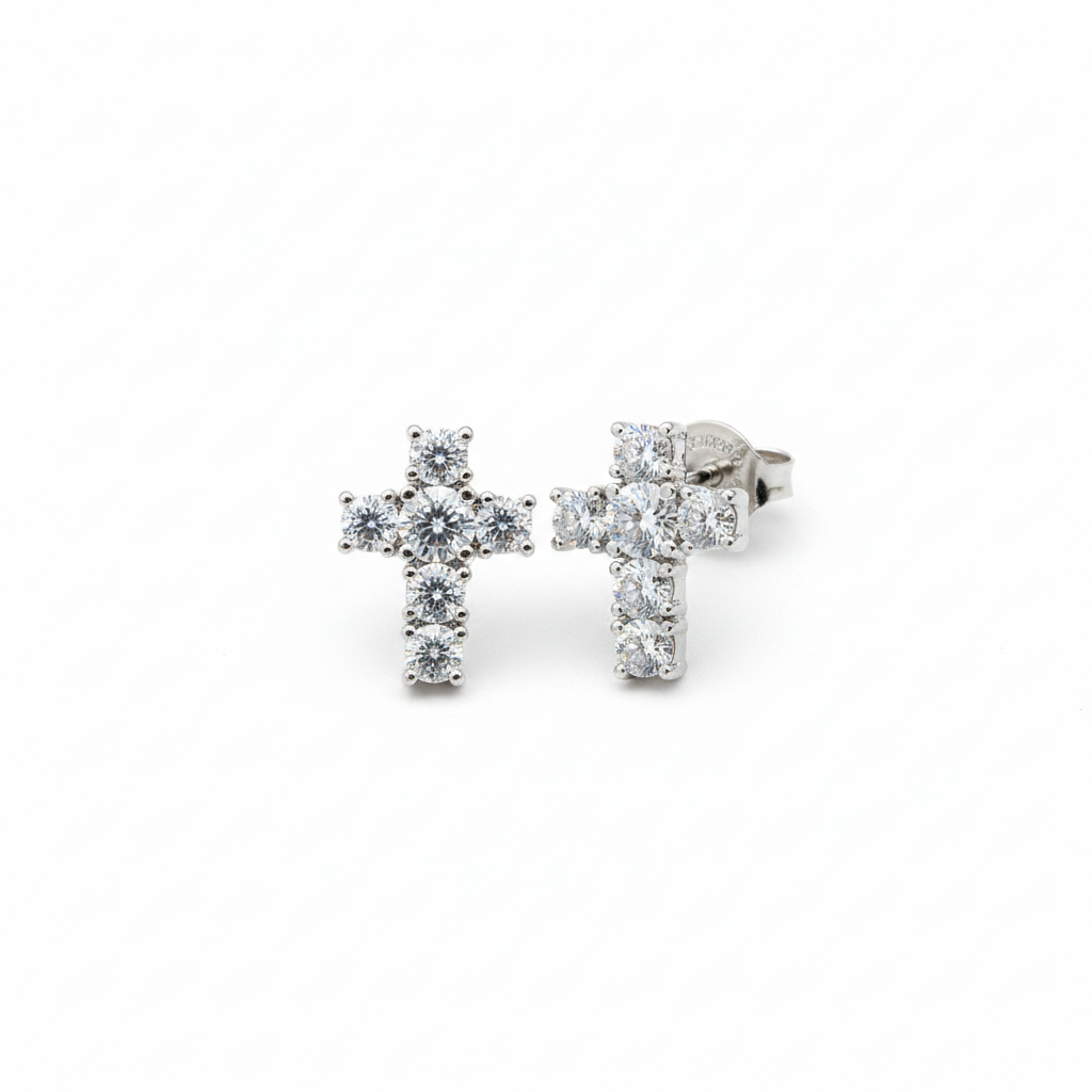 Cross Moissanite Screw Back Stud Earrings – 925 Sterling Silver