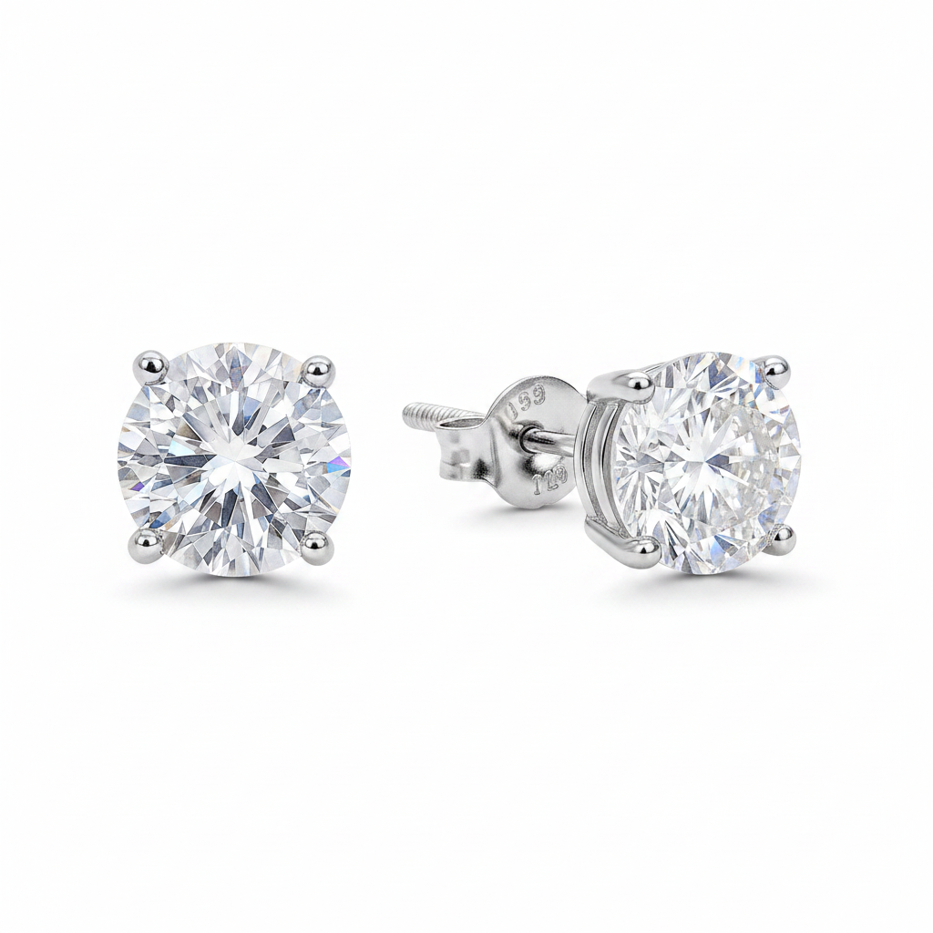 5MM Round Cut Moissanite Screw Back Stud Earrings on white background