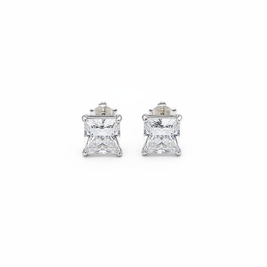 Princess Cut Moissanite Screw Back Stud Earrings on white background