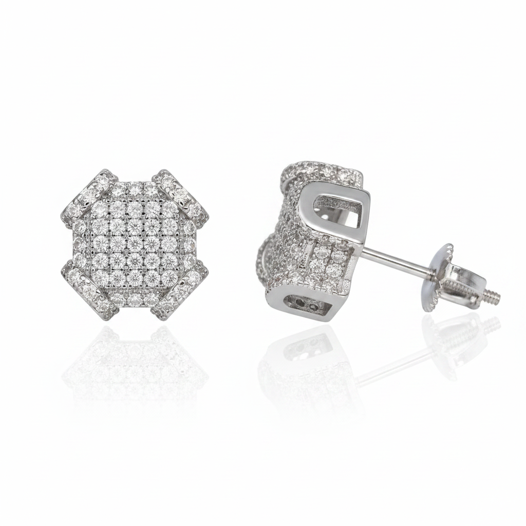 Octagon Shield Pavé Moissanite Screw Back Stud Earrings on white background