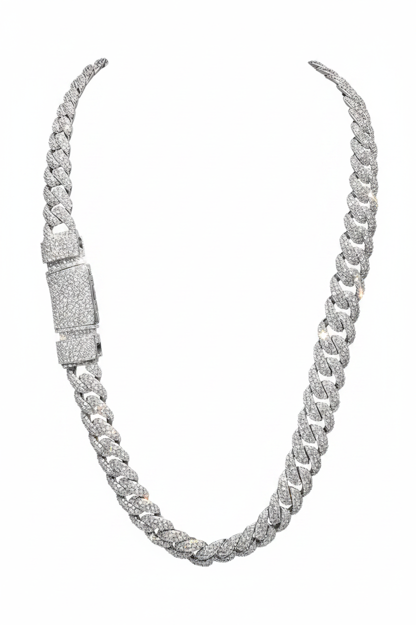 12MM Mosaic Moissanite Cuban Link Chain on white background