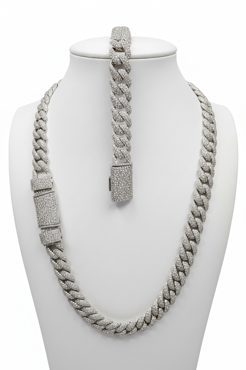 12MM Mosaic Moissanite Cuban Link Chain & Bracelet Set on white background