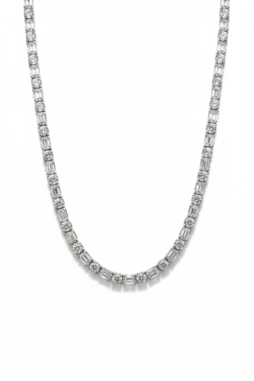 5MM Round & Emerald Cut Moissanite Tennis Necklace on white background