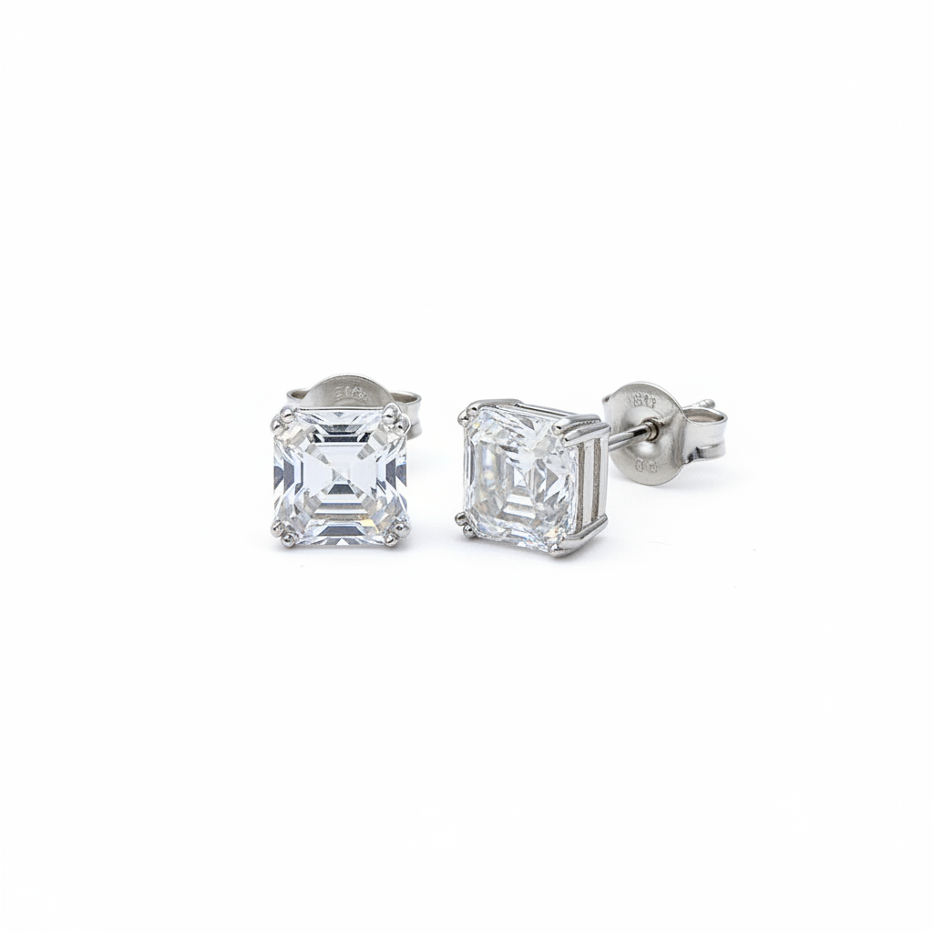 Asscher Cut Moissanite Screw Back Stud Earrings on white background
