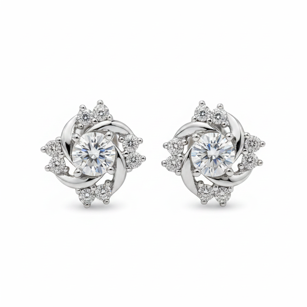 Flower Swirl Moissanite Screw Back Stud Earrings on white background