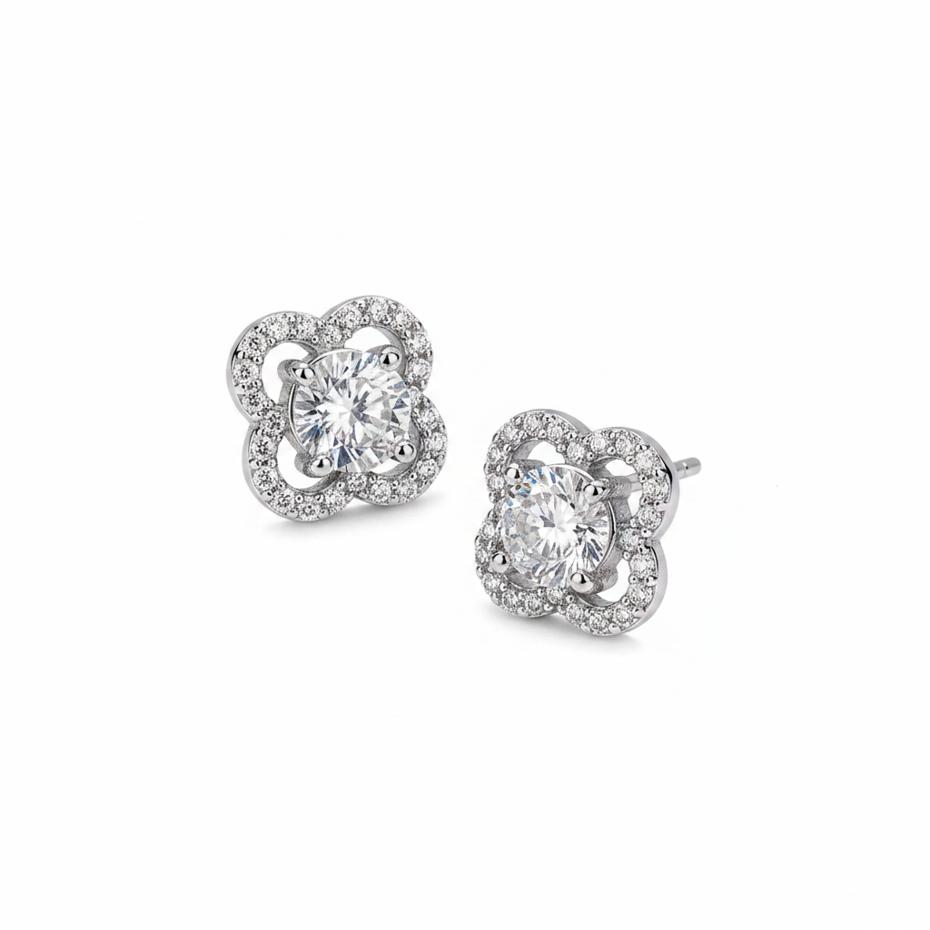 Flower Shape Moissanite Screw Back Stud Earrings on white background