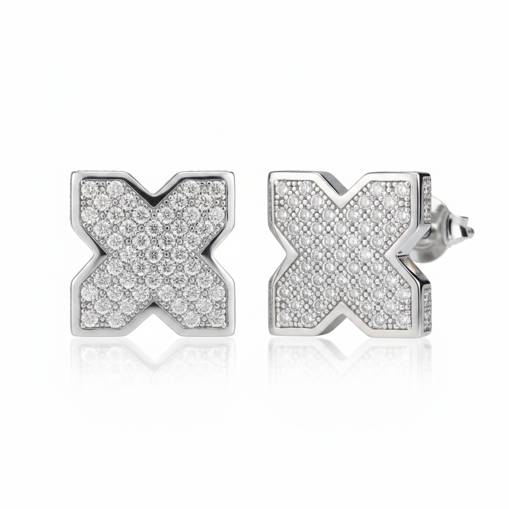 X-Shape Pavé Moissanite Screw Back Stud Earrings on white background