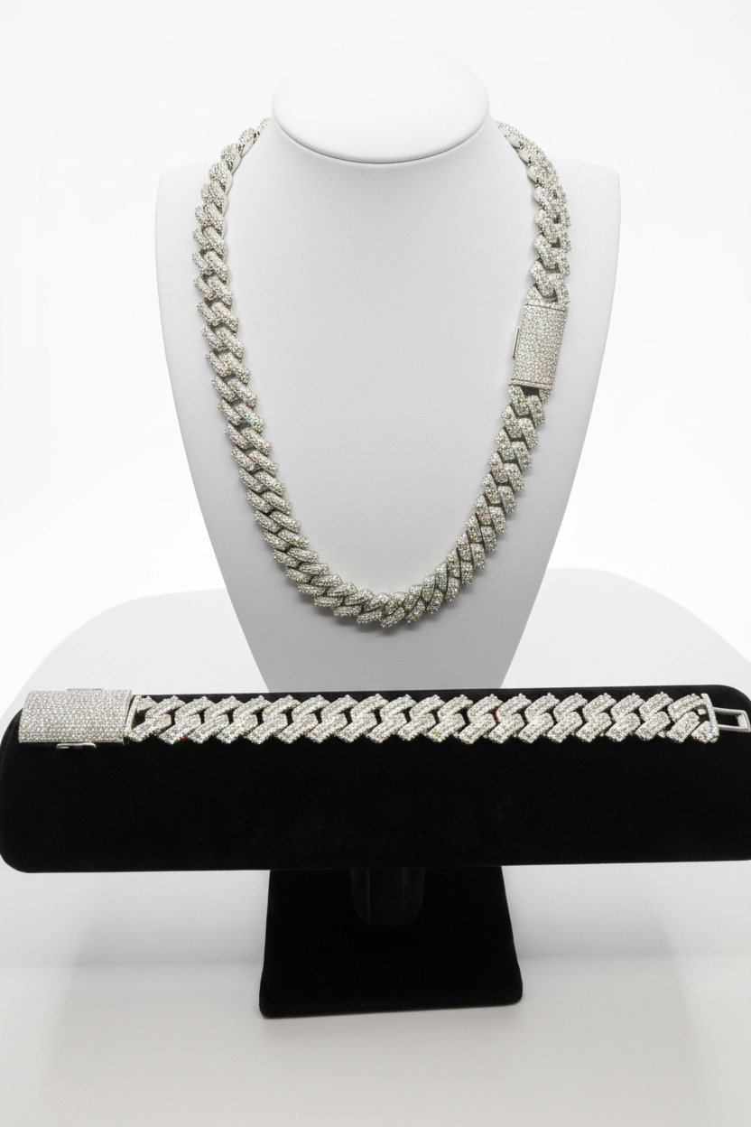 16MM Center Baguette Moissanite Cuban Link Chain & Bracelet Set on white background