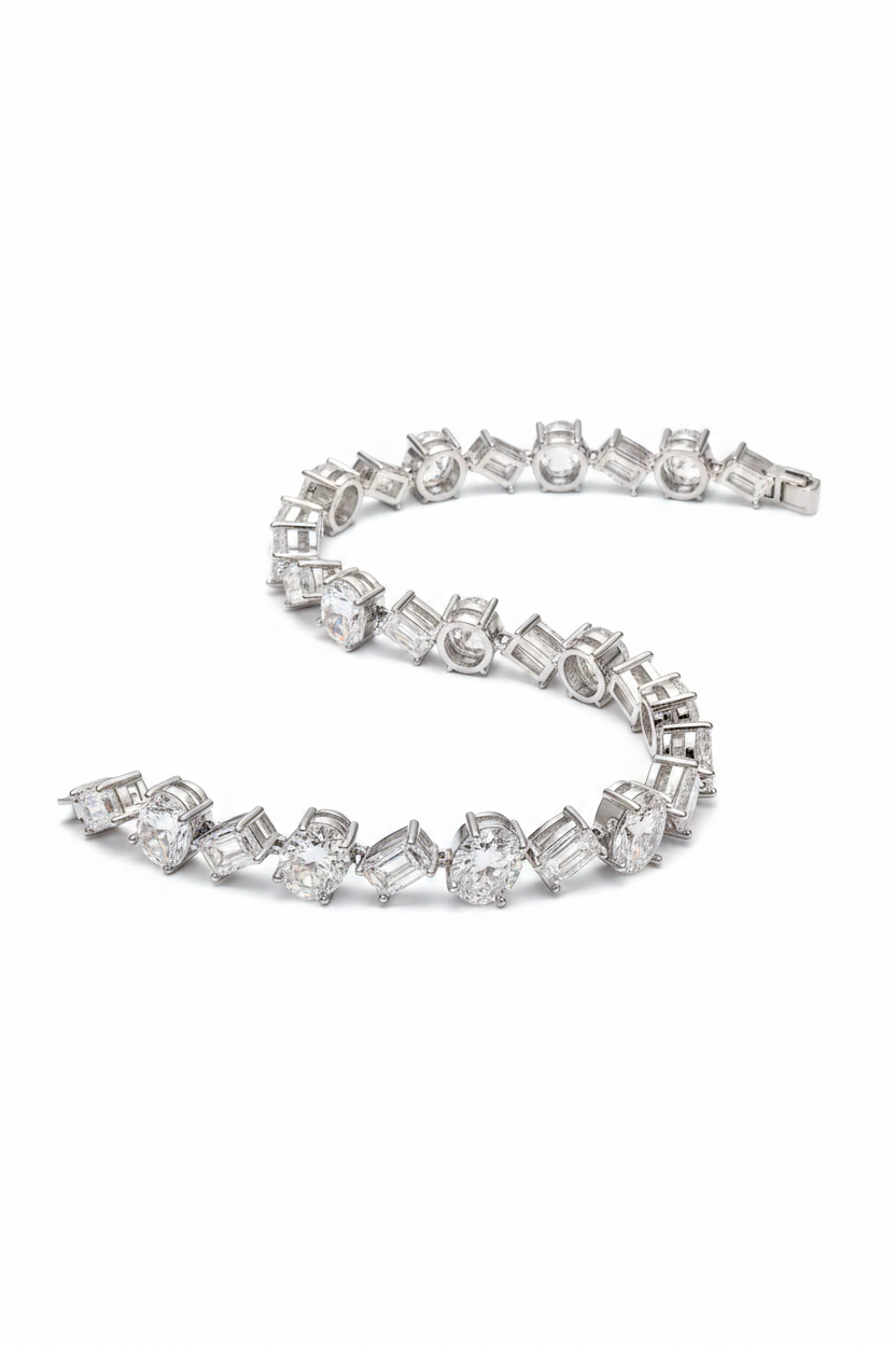 Oval & Emerald Cut Mix Moissanite Tennis Bracelet on white background