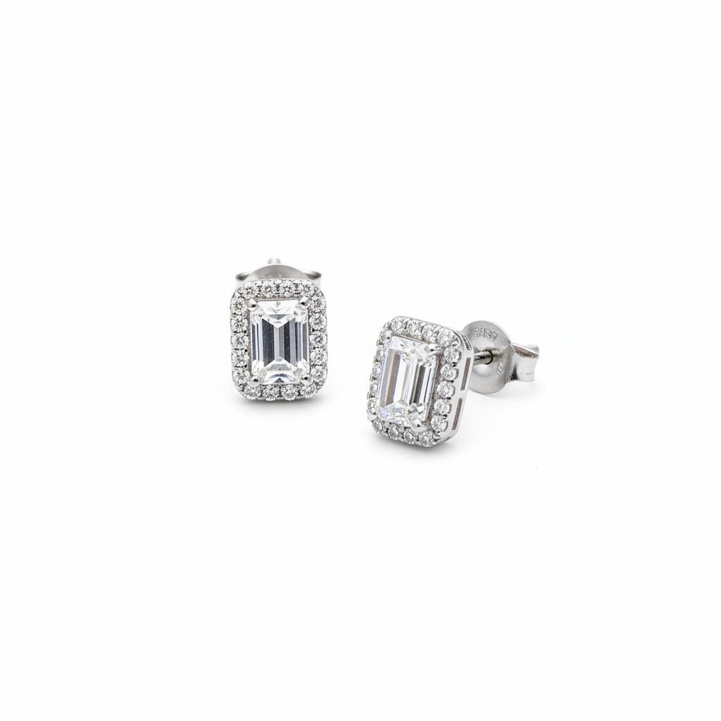 Emerald Cut Halo Moissanite Screw Back Stud Earrings on white background