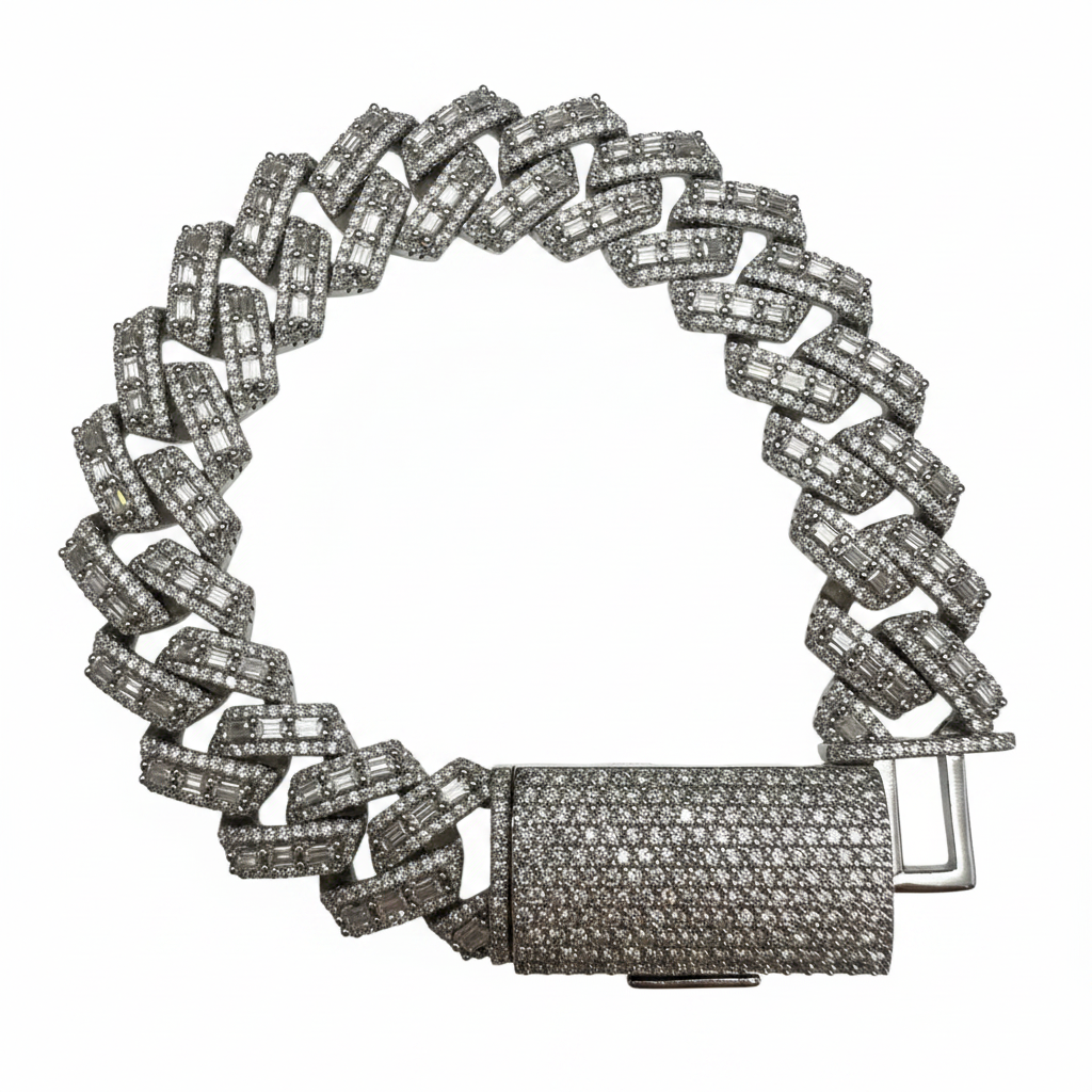 16MM Center Baguette Moissanite Cuban Link Bracelet on white background